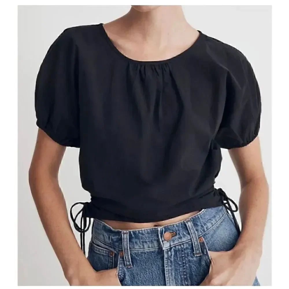 Madewell Embroidered Black Keyhole Closure Poplin Puff-Sleeve Y2K Sz XS  #1657